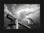 Black and white storm photo with lightning over wooden beam, framed print