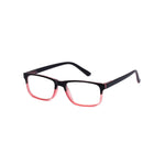 Black and red eyeglasses on a white background