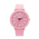 Pink watch with a white face on a white background