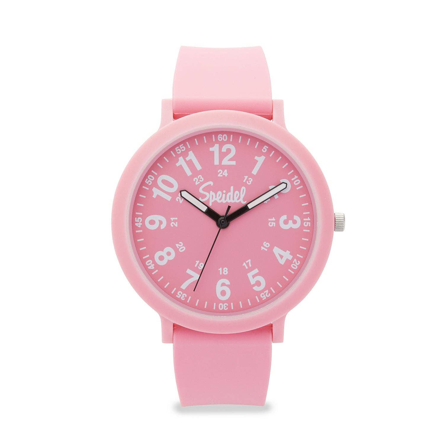 Pink watch with a white face on a white background