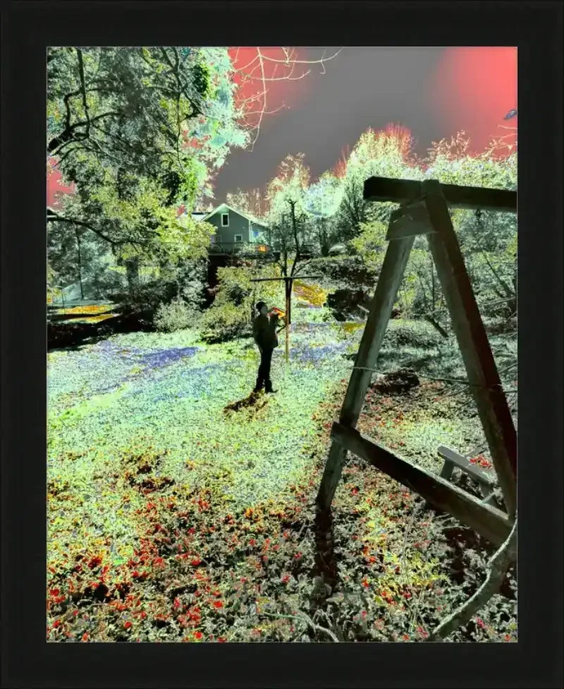 Framed surreal nature print with vibrant colors, wooden swing, and house in forest setting