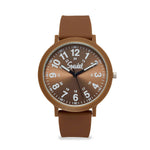 Brown watch with a visible brand logo on a white background
