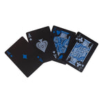 Black playing cards with blue artwork on a white background