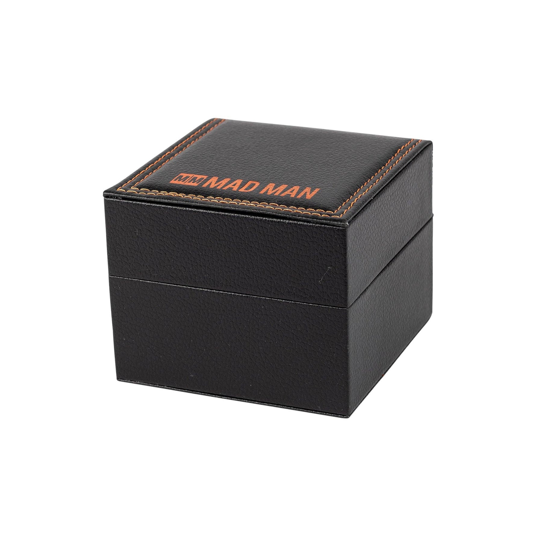 Black jewelry box with 'MAD MAN' branding on a white background