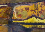 Abstract artwork with textured yellow, brown, and black layers, evoking rustic landscape or aged surface.