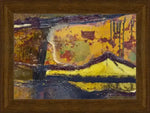 Abstract landscape art print in wooden frame, featuring bold yellow, purple, and green brushstrokes with textured layers.