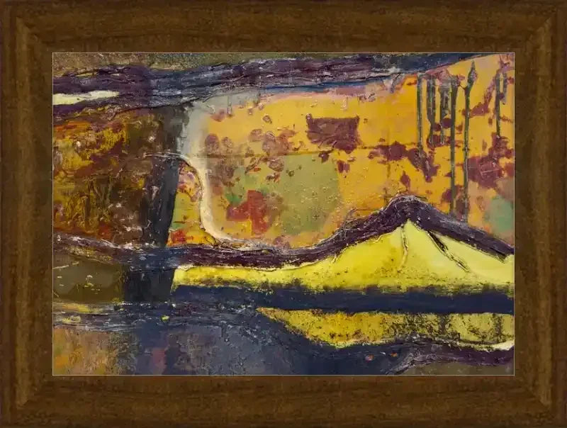 Abstract landscape art print in wooden frame, featuring bold yellow, purple, and green brushstrokes with textured layers.