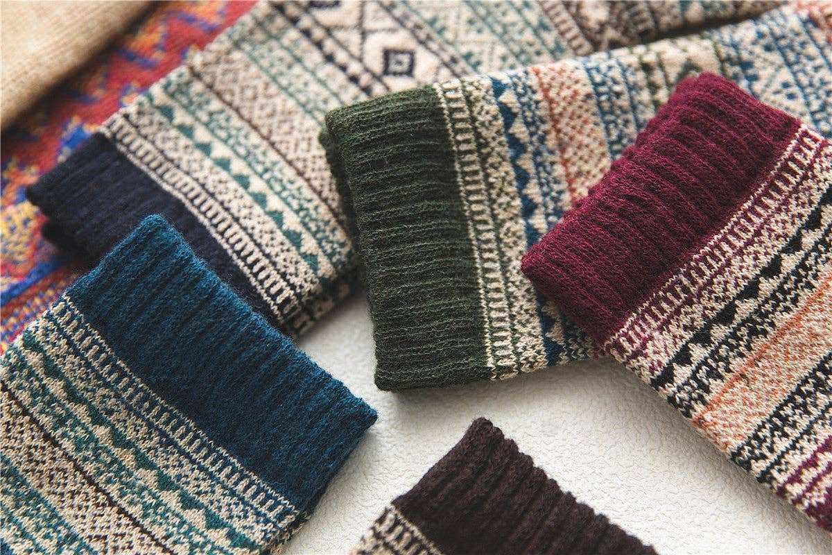 Cozy knit socks with geometric patterns in earthy tones, perfect for autumn and winter wear.