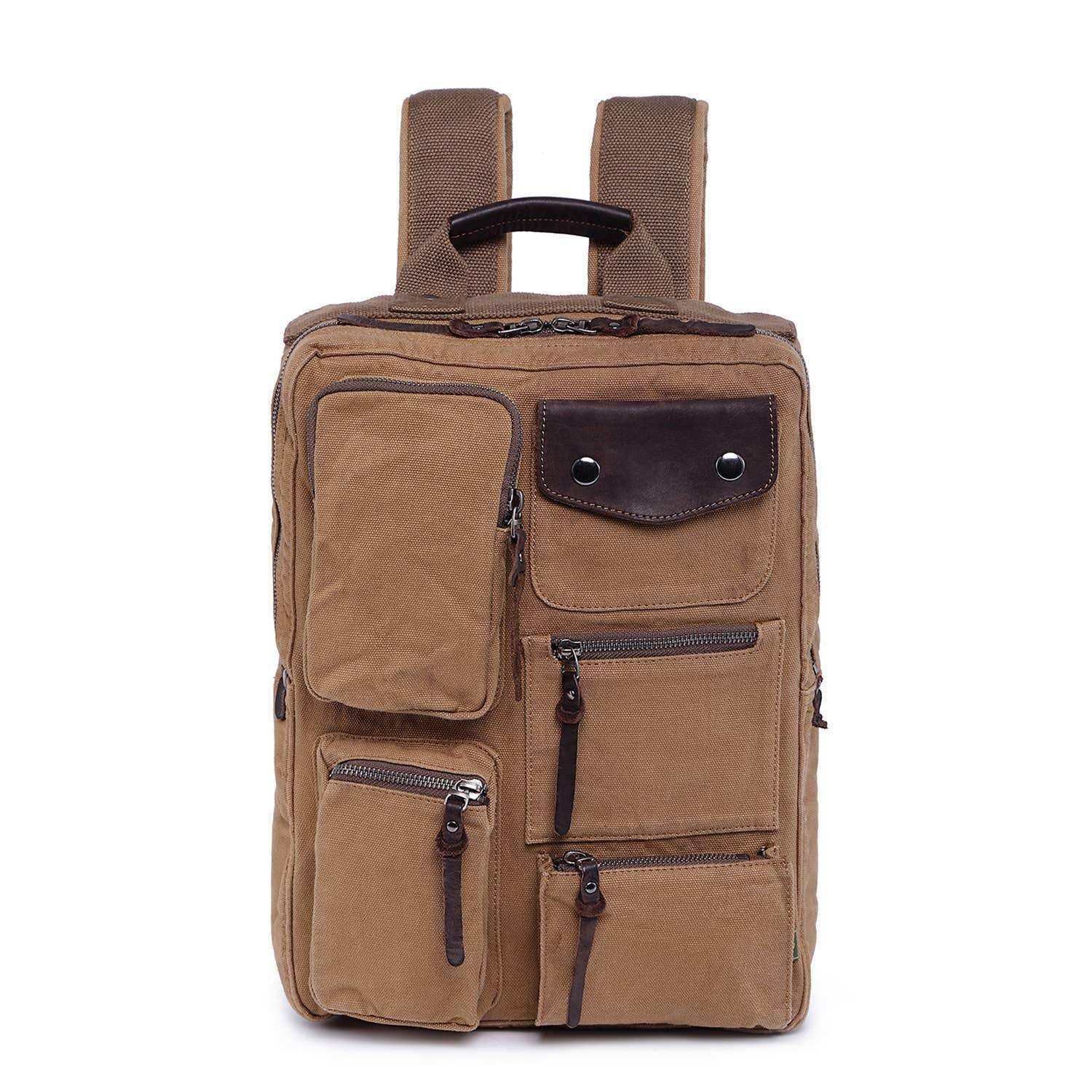 Tan canvas backpack with multiple pockets and leather accents, ideal for travel or daily use.