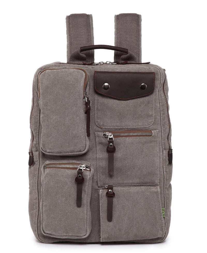 Gray canvas backpack with multiple zippered pockets and leather accents