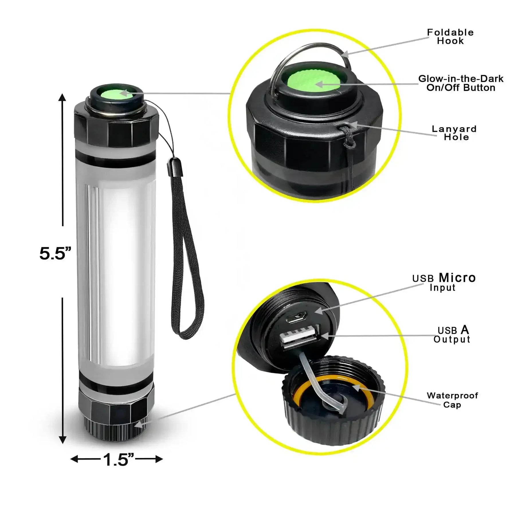 Compact 5.5-inch waterproof flashlight with glow-in-the-dark button, USB charging, and foldable hook