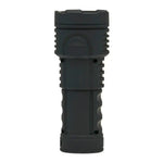Black tactical flashlight with textured grip and durable design
