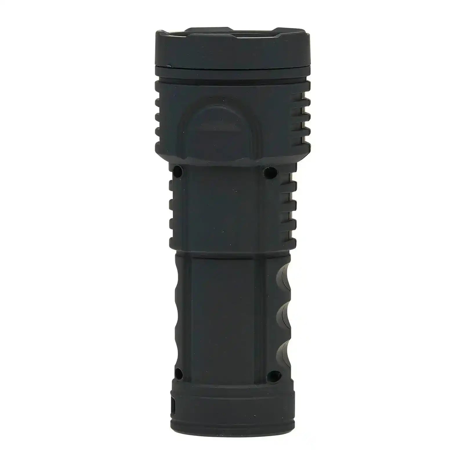 Black tactical flashlight with textured grip and durable design