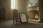 Framed print leaning on wooden chair near stone fireplace in sunlit room