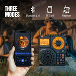Raddy RF320 portable radio with Bluetooth 5.0, TF card, and receiver modes, shown with smartphone music playback outdoors