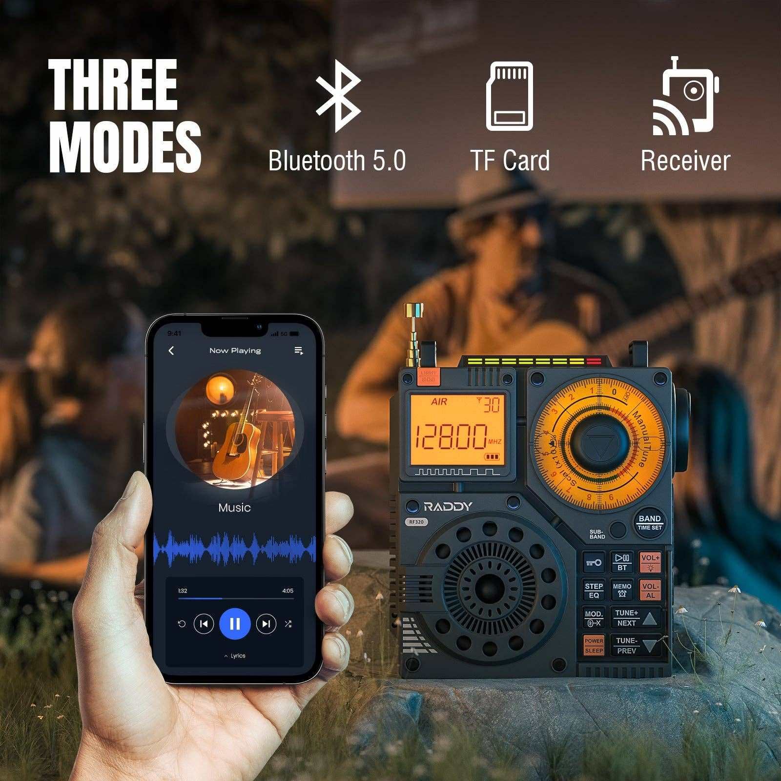 Raddy RF320 portable radio with Bluetooth 5.0, TF card, and receiver modes, shown with smartphone music playback outdoors