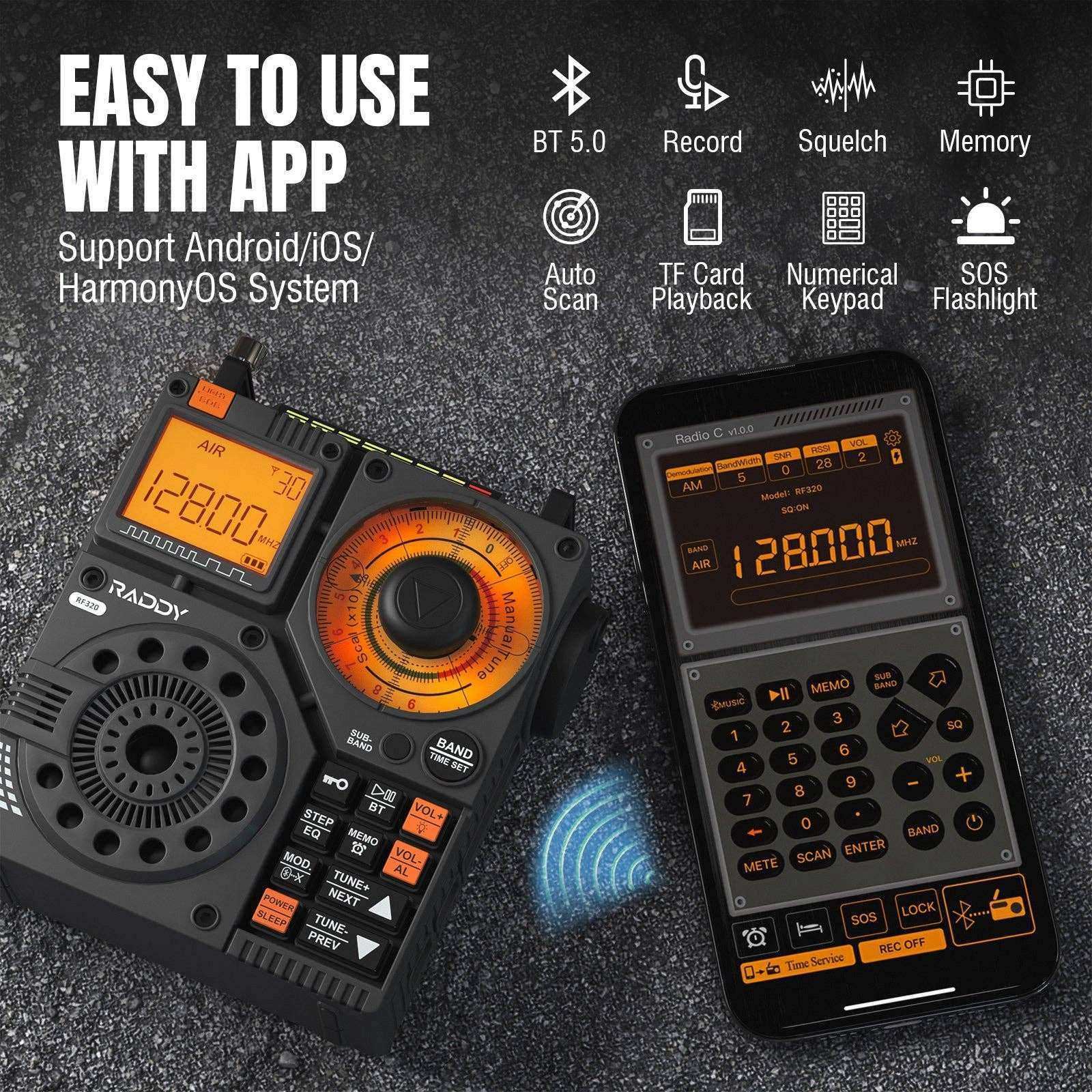 Raddy RF320 portable radio with app control, Bluetooth 5.0, SOS flashlight, and TF card playback