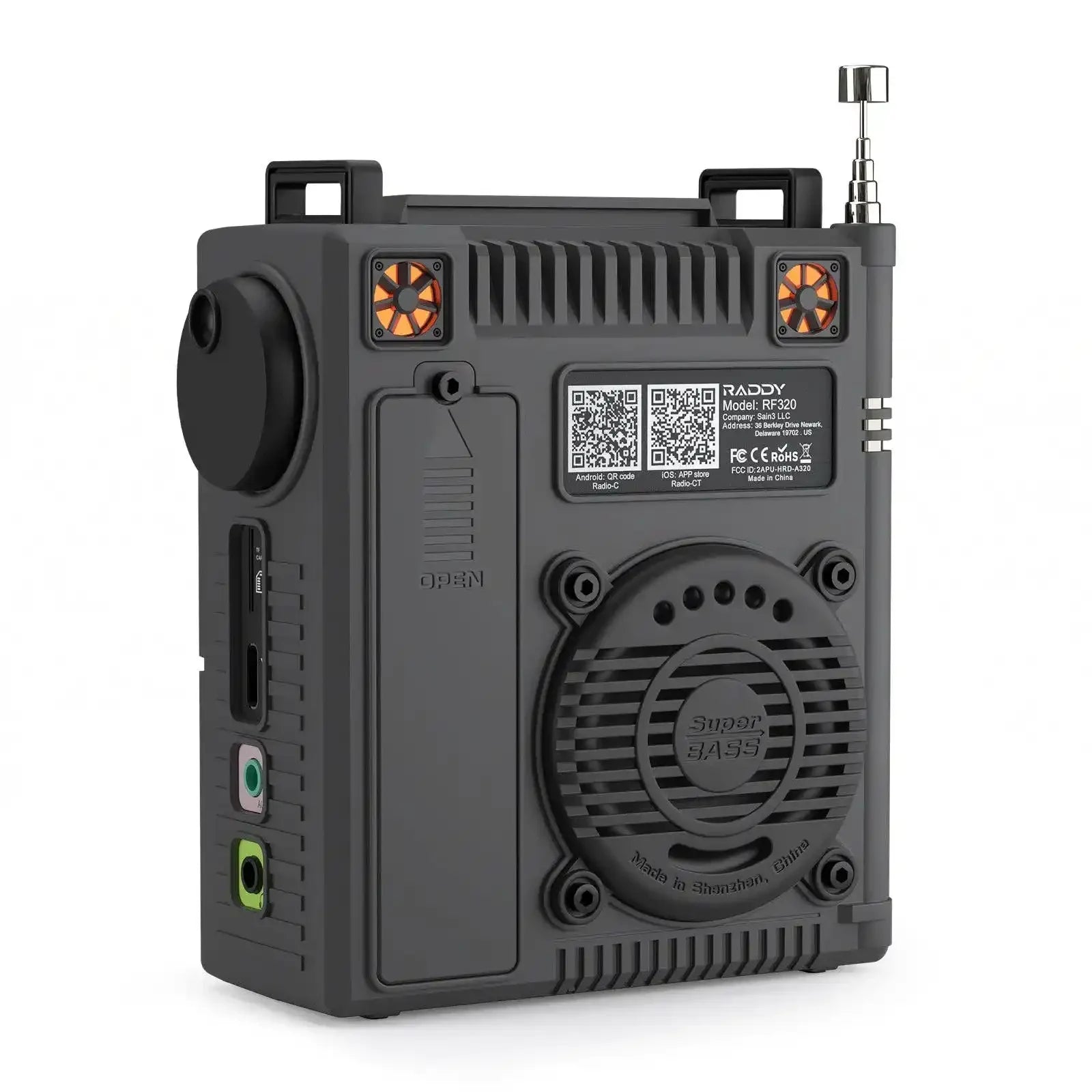 Raddy RF320 portable speaker with Super Bass, antenna, and dual orange fans, made in China