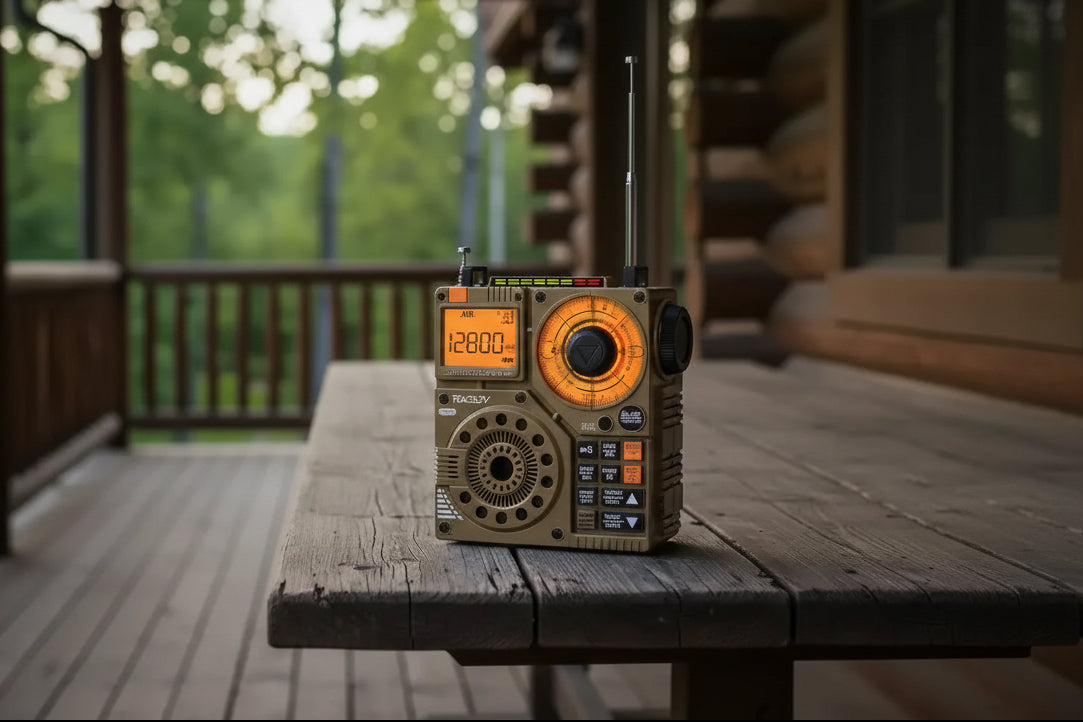 Vintage-style portable radio on rustic wooden table at cabin porch, natural outdoor setting