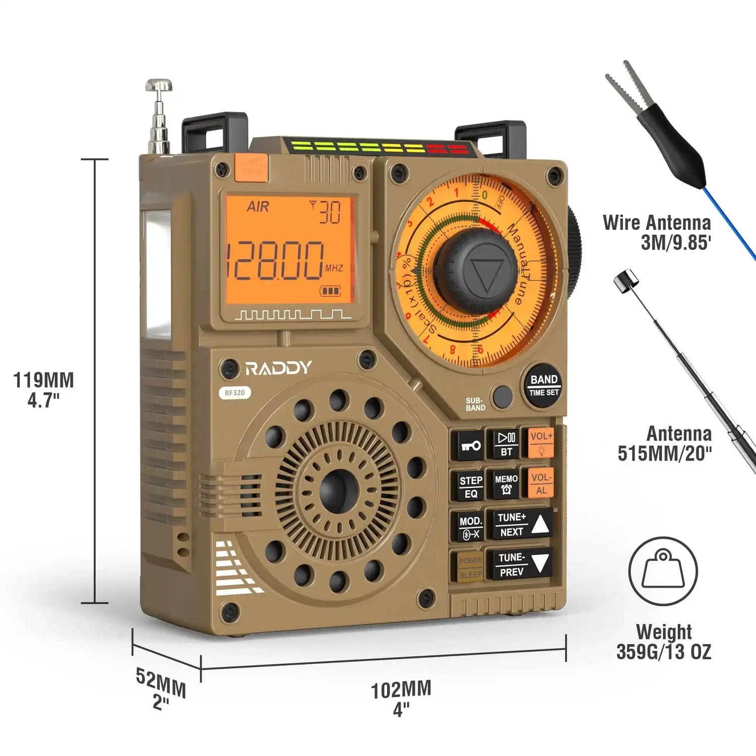 Portable Raddy RF320 radio with digital display, manual tune dial, and included antennas, showing dimensions and weight specs.