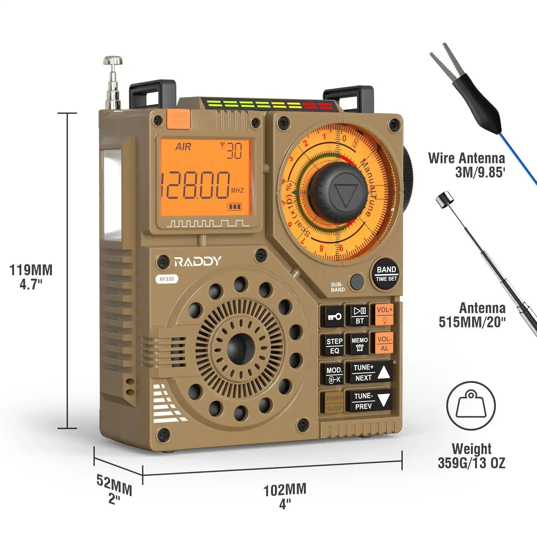 Portable Raddy RF320 radio with digital display, manual tune dial, and included antennas, showing dimensions and weight specs.