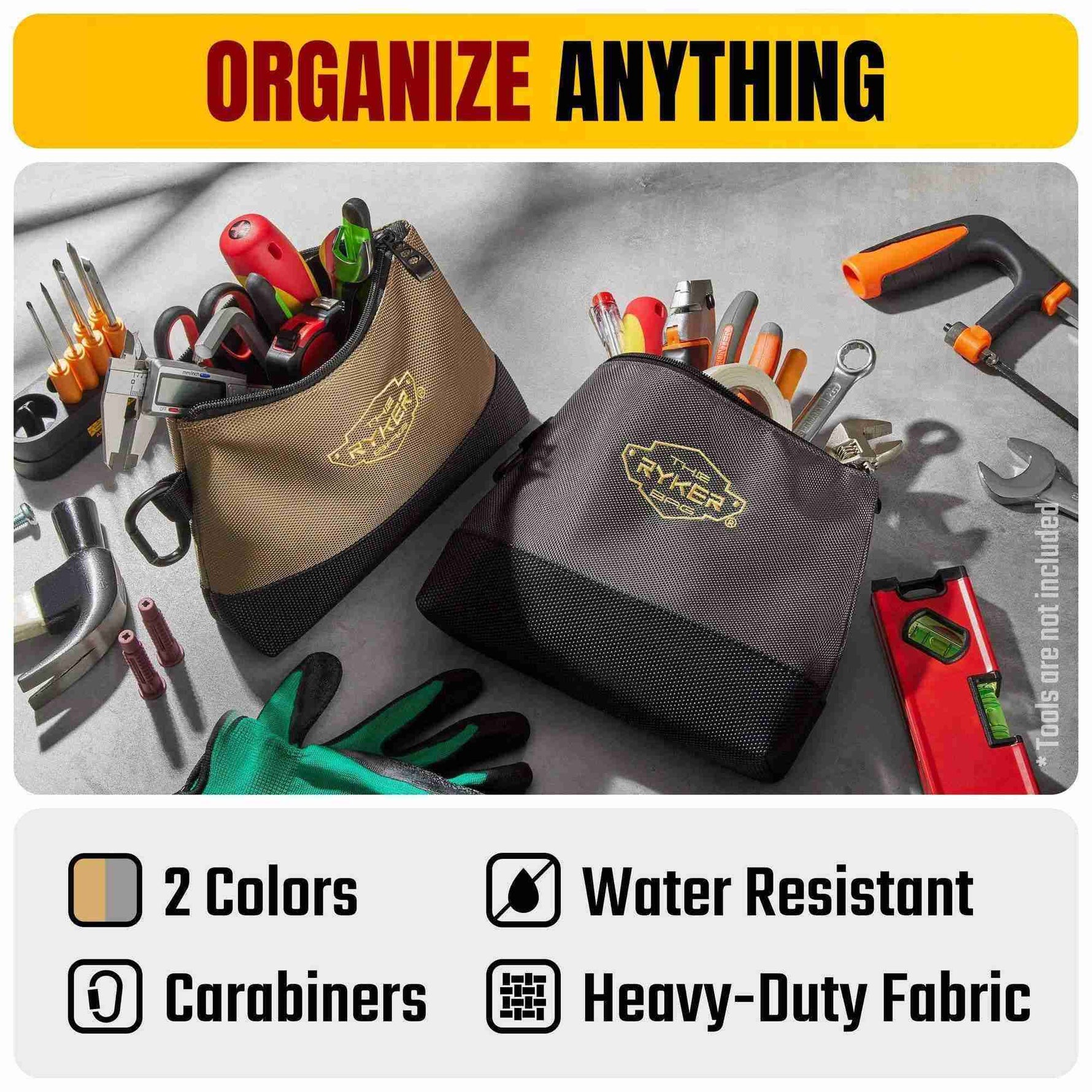 Two tool bags with tools on a gray surface, featuring the Ryker brand.