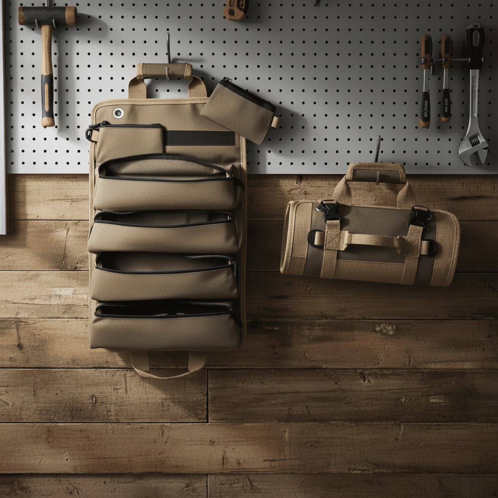 Two tactical bags on a wooden surface with tools in the background