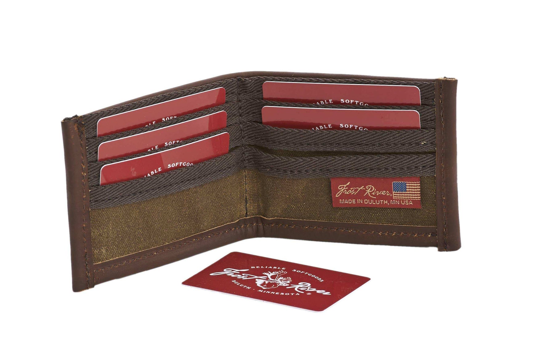 Brown leather and canvas bifold wallet with card slots and USA flag patch, open on white background.