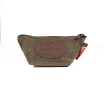 Brown leather pouch with a brand logo on a white background