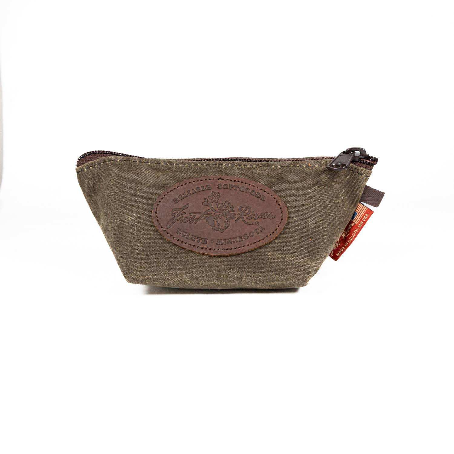 Brown leather pouch with a brand logo on a white background