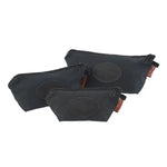 Three black zippered pouches with a brand logo on a white background