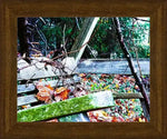Framed nature photo of weathered wooden bench with autumn leaves, moss, and forest background